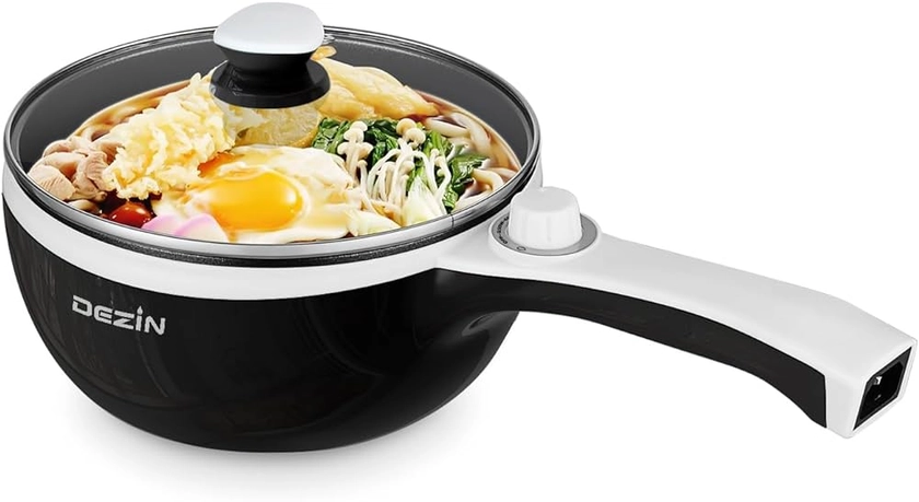 DEZIN Hot Pot Electric Upgraded, Non-Stick Sauté Pan, Rapid Noodles Electric Pot, 1.5L Mini Portable Hot Pot for Steak, Egg, Fried Rice, Ramen, Oatmeal, Soup with Power Adjustment(Egg Rack Included)