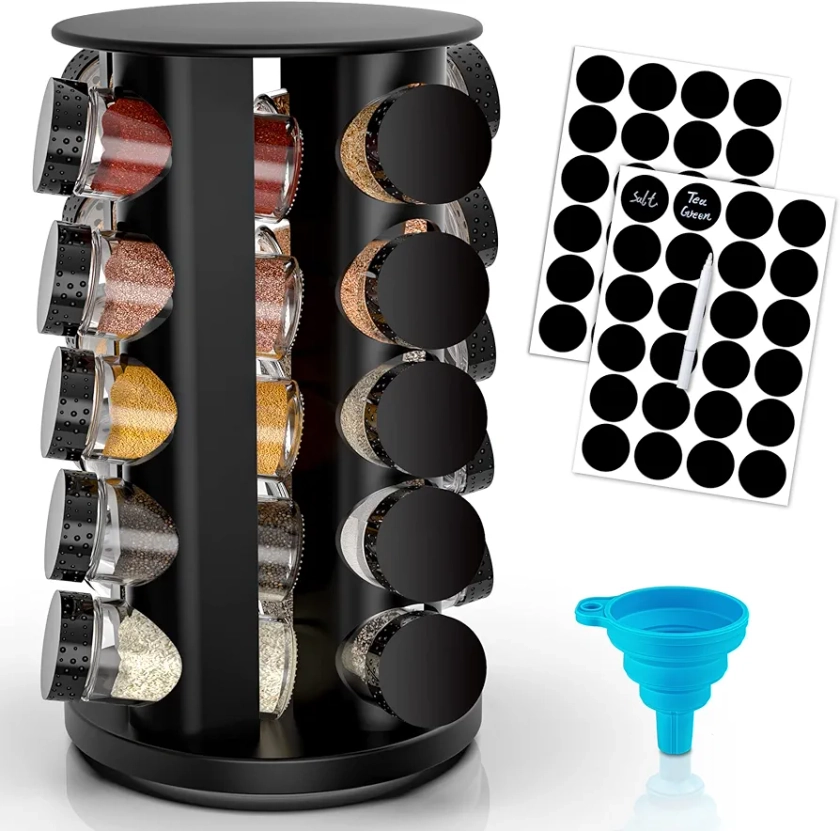 Black Rotating Spice Rack Organizer with Jars(20Pcs), Seasoning Organizer for Cabinet, Kitchen Spice Racks for Countertop, Revolving Stainless Steel Spice Organizer