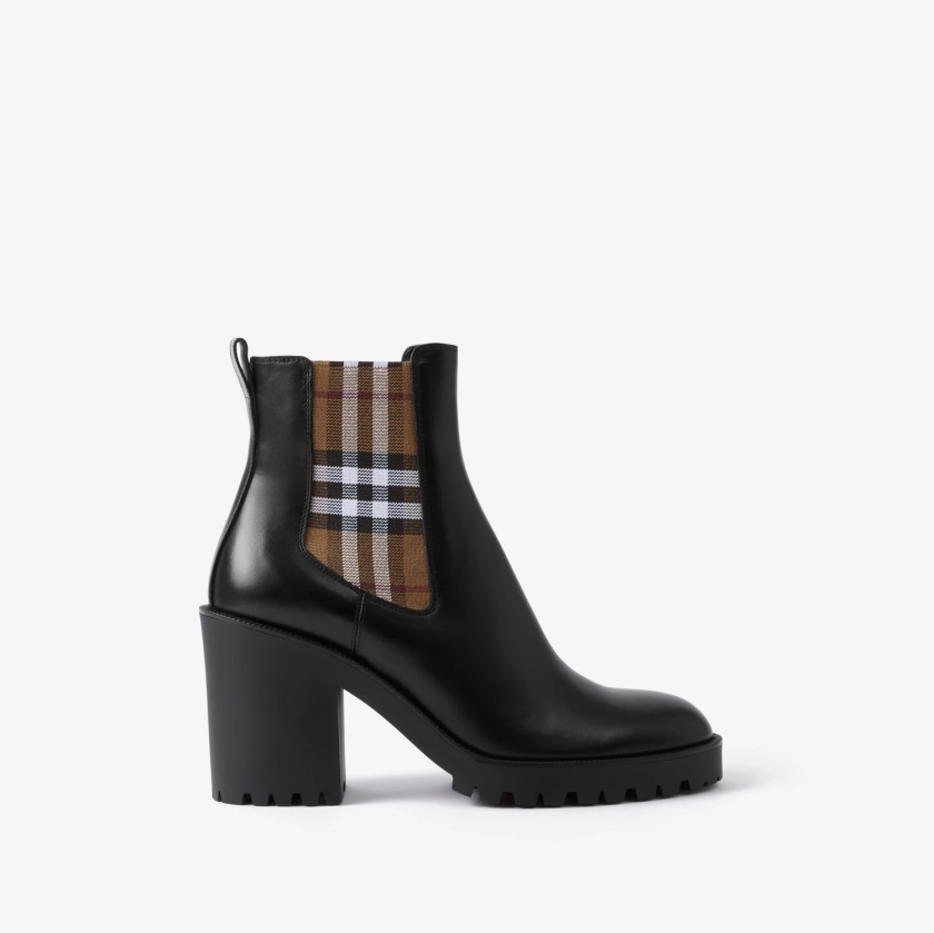 Check Panel Leather Ankle Boots in Black - Women | Burberry® Official