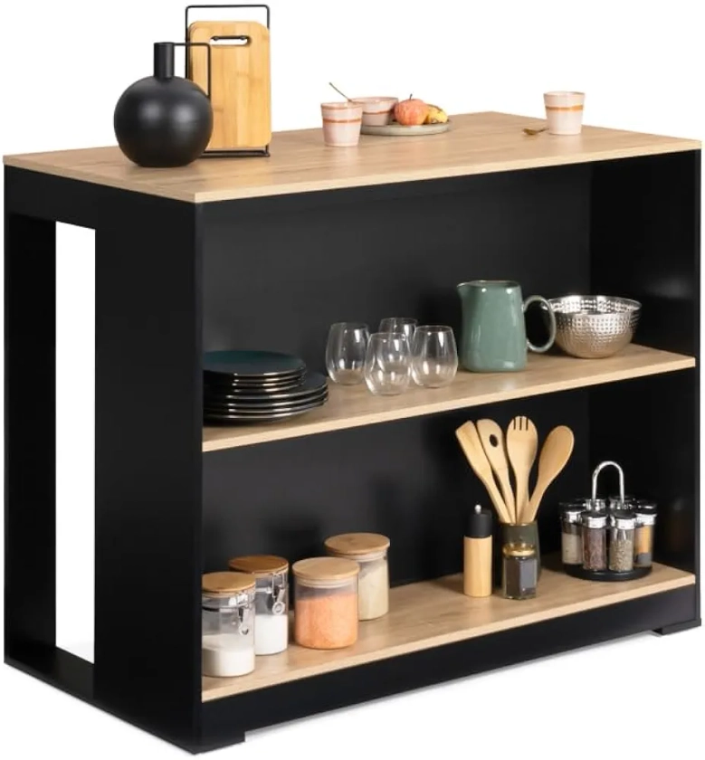 IDMarket - Table de Bar îlot Juno Bois Noir et Plateau façon hêtre