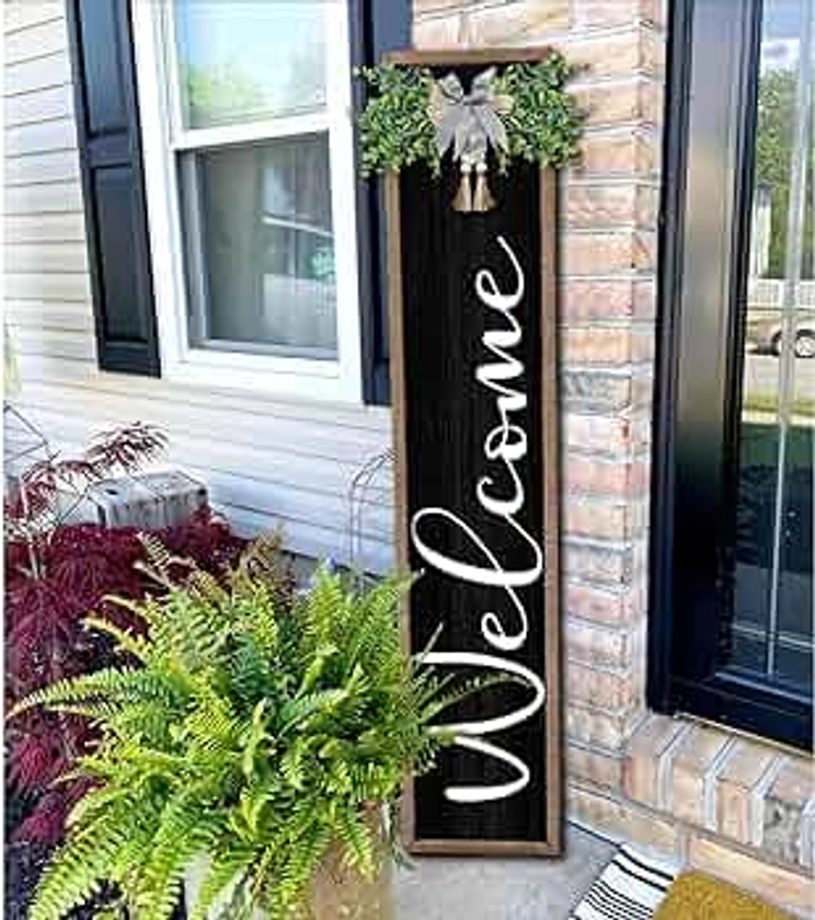 Welcome Sign for Front Porch Standing 45"X9" Large Outdoor Decor Rustic Vertical Leaner Wood Frame Porch Tall Welcome Signs for Farmhouse Outside Front Door Wall Decorations (Wood Black)