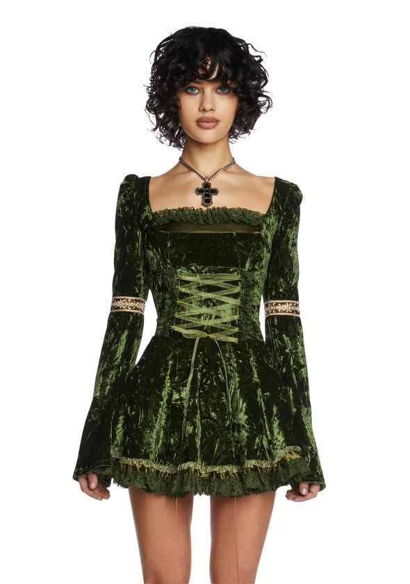 Current Mood Velour Embroidered Trim Mini Dress - Green