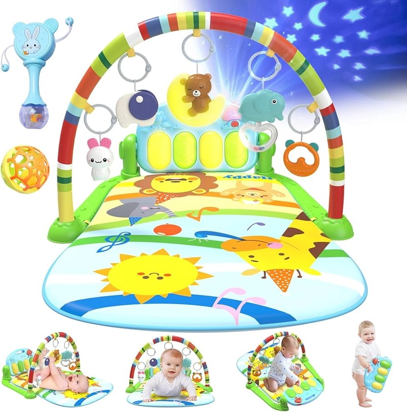 Baby Play Mat Gym, Tummy Time Activity Play Mat, Kick and Play Piano Mat Gym with 7 Infant Sensory Baby Toys 0-6-12 Months, Baby Activity Center with Baby Mat for Floor for Newborn 0-3-6-9-12 Months