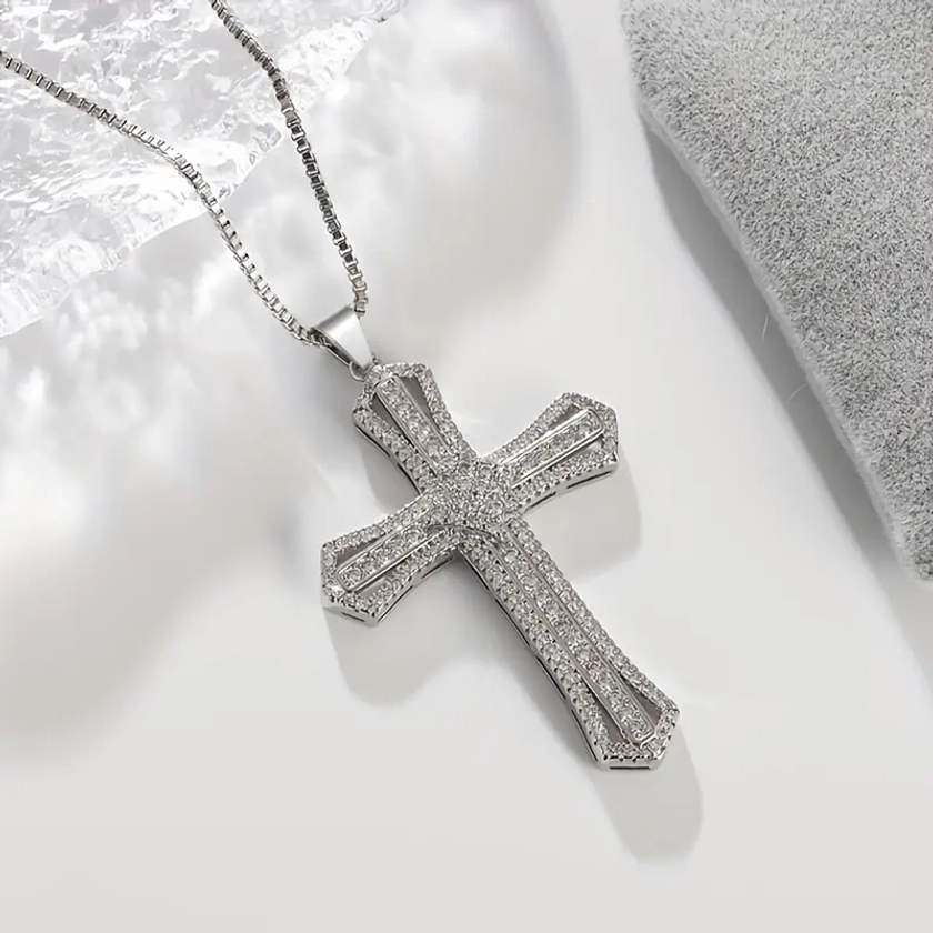 1pc Exquisite Shiny Silvery Cross Cubic Zirconia Pendant Necklace For Women Girls Religious Jewelry Gift