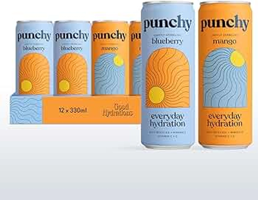 Punchy Drinks - Mixed Case of Mango & Blueberry, Everyday Hydration, Essential Electrolytes, Minerals, Vitamins, Real Fruit, Support Immunity & Muscle Function, Caffeine Free, Low Calorie - 12 x 330ml