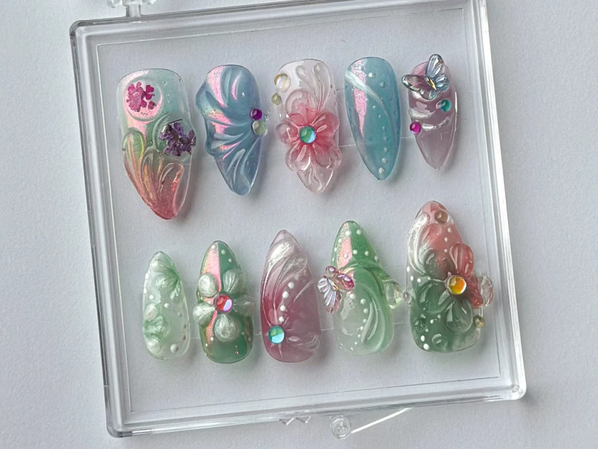 Spring Garden Press On Nails | Pearl beads and Butterfly Nail Art | press on nails almond | flower nails | Nail Charms |Press Ons |HB405TC