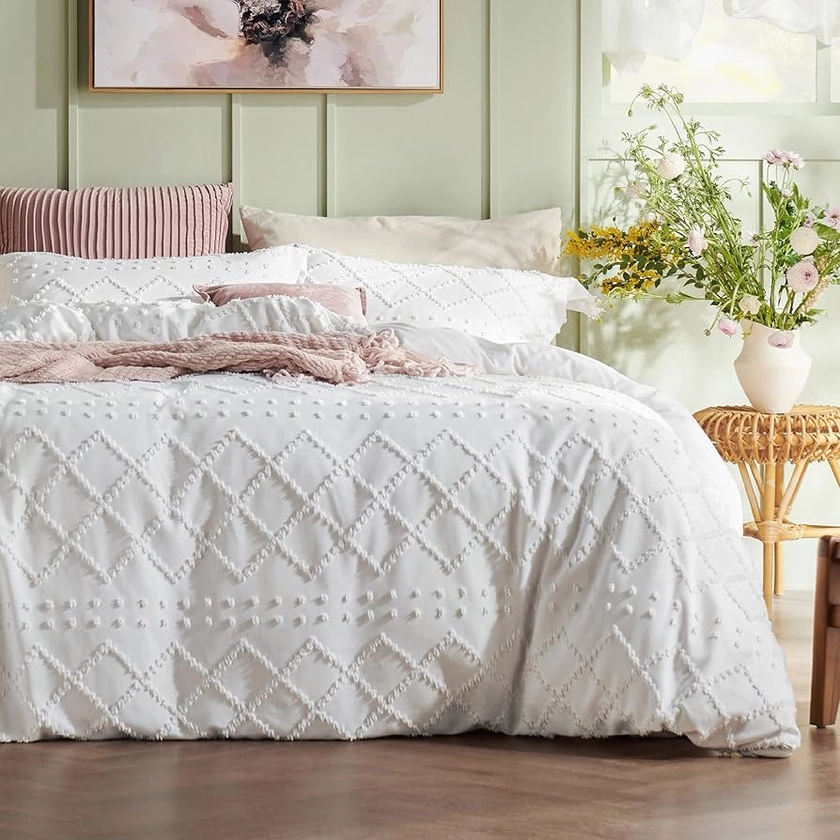 Bedsure Boho Duvet Cover Full - Full Size Duvet Cover,Full Boho Bedding for All Seasons,3 Pieces Embroidery Shabby Chic Home Bedding Duvet Cover (White, Full, 80x90)