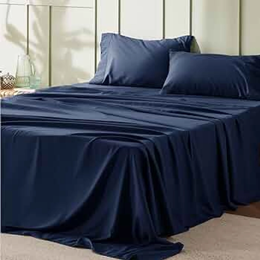 Bedsure Full Size Sheets Navy - Soft Sheets for Full Size Bed, 4 Pieces Hotel Luxury Full Size Sheet Sets, Easy Care Polyester Microfiber Cooling Bed Sheet Set