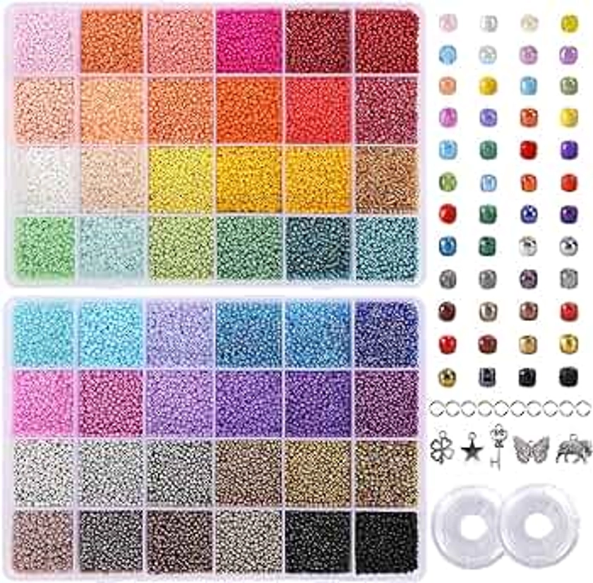 Quefe 44000pcs 2mm Glass Seed Beads for Bracelet Making Kit, 48 Colors Small Beads, Craft Beads Kit for Jewelry Making, with 2 Storage Boxes, Charms, Jump Rings and Clear Elastic String Cord