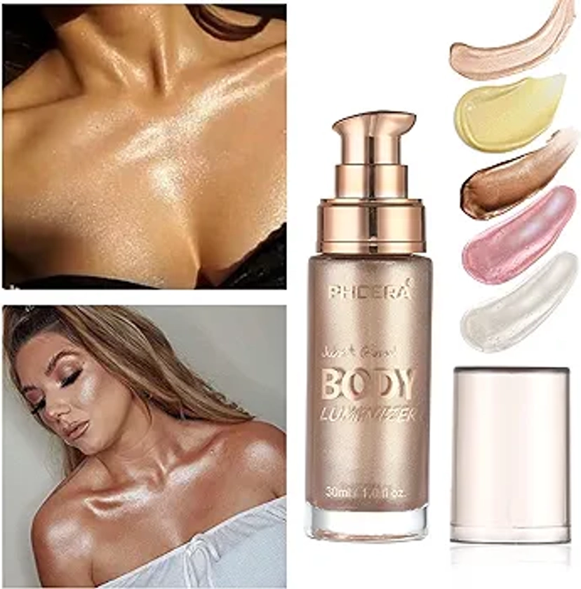 Body Shimmer Oil, Waterproof Long Lasting Moisturizing Bronze Body Luminizer Glow For Face & Body, Liquid Illuminator Body Highlighter 1oz/Jars, Makeup Brush Include (Rose Gold #01)