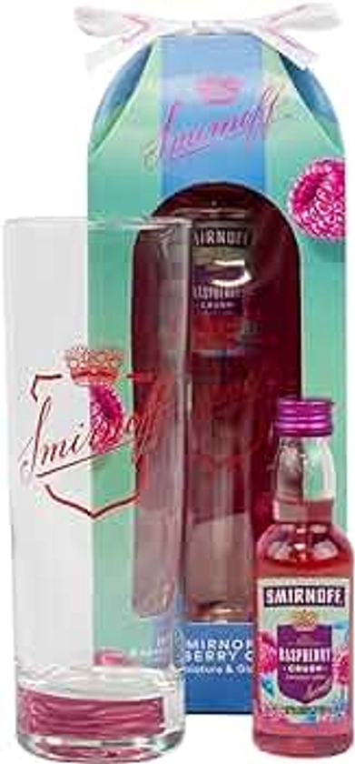 Smirnoff Vodka Gift Set - Flavoured Vodka Miniature & Glass Set, 1x 5cl Smirnoff Raspberry Crush Vodka Mini & Smirnoff Branded Vodka Hi-Ball Glass - Vodka Gifts for Men and Women