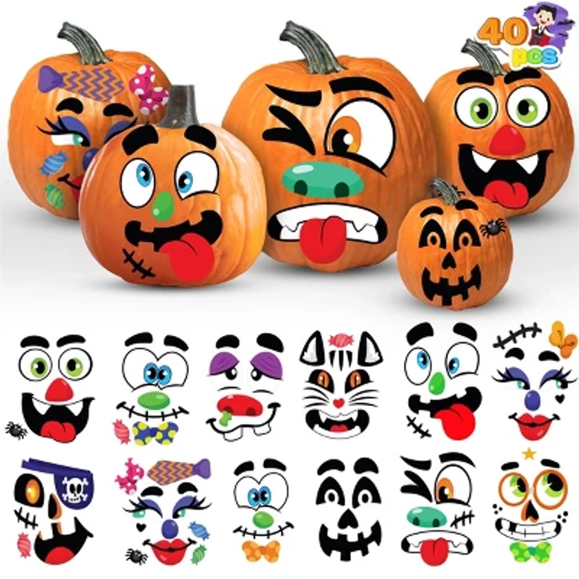 JOYFY Make 40 Faces Pumpkin Decorating Stickers with 18 Sticker Sheets in 12 Designs and Sizes Halloween Party Supplies Trick or Treat Party Favors