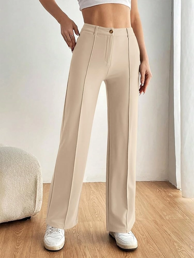 PRETTYGARDEN Straight Leg Pants Stretchy Button Business Casual Work Trousers Knit Elastic Waist Slacks