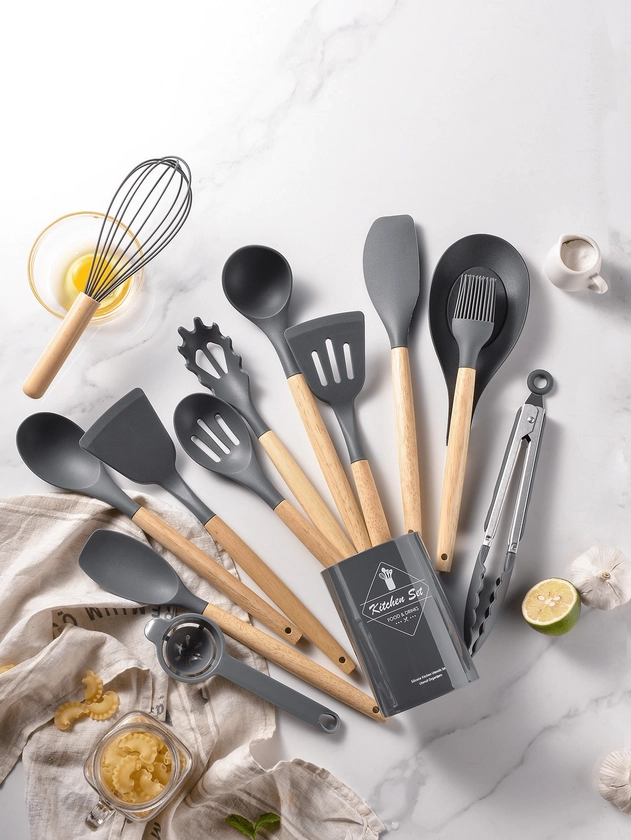 14 Pcs Silicone Cooking Kitchen Utensils Set With Holder, Wooden Handles  Non Toxic Silicone Turner Tongs Spatula Spoon Kitchen Gadgets Utensil Set For Nonstick Cookware (Dark Grey)