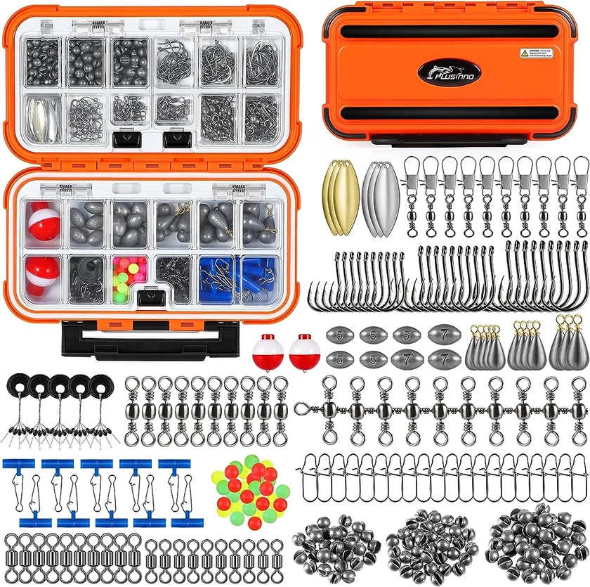PLUSINNO 253pcs Fishing Accessories Kit, Fishing Tackle Box with Tackle Included, Fishing Hooks, Fishing Weights Sinkers, Spinner Blade, Fishing Gear for Bass, Bluegill, Crappie, Fishing