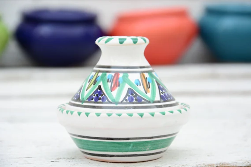 Terracotta Clay Moroccan Style Tagine, Ceramic Handpainted Lead Free Minimalist Greeen & White Tagine, Multicolor Spice Holder Kitchen Bowl