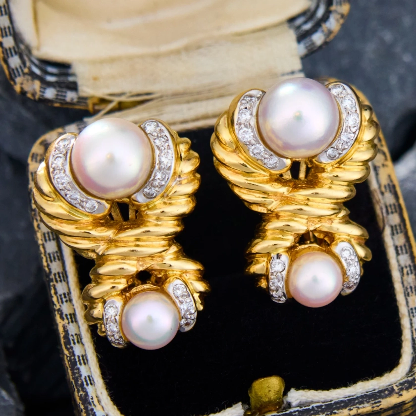 Elegant Twin Pearl & Diamond Earrings 14K Yellow Gold