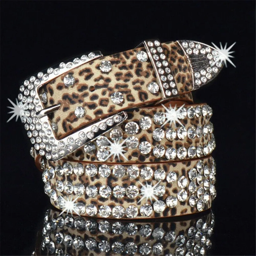 Women Fashion Solid /Leopard Print Studded Rhinestone Belt PU Leather Bling Crystal Adjustable Glitter Waistband for Club Party