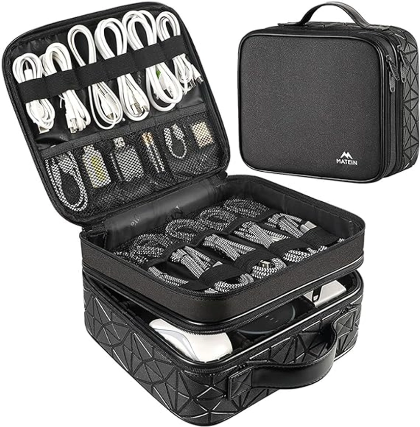 MATEIN Organizador Cables Viaje Estuche Rígido, 2 Capas Bolsa Organizadora Cables Grande Travel Organizador de Cables Estuche Impermeable para Cable USB, Cargador, Ratón,Power Bank，Negro