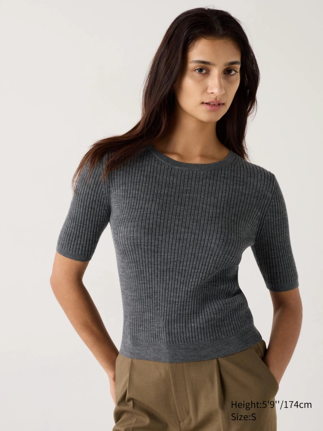 Merino Ribbed Crew Neck Half Sleeve Sweater