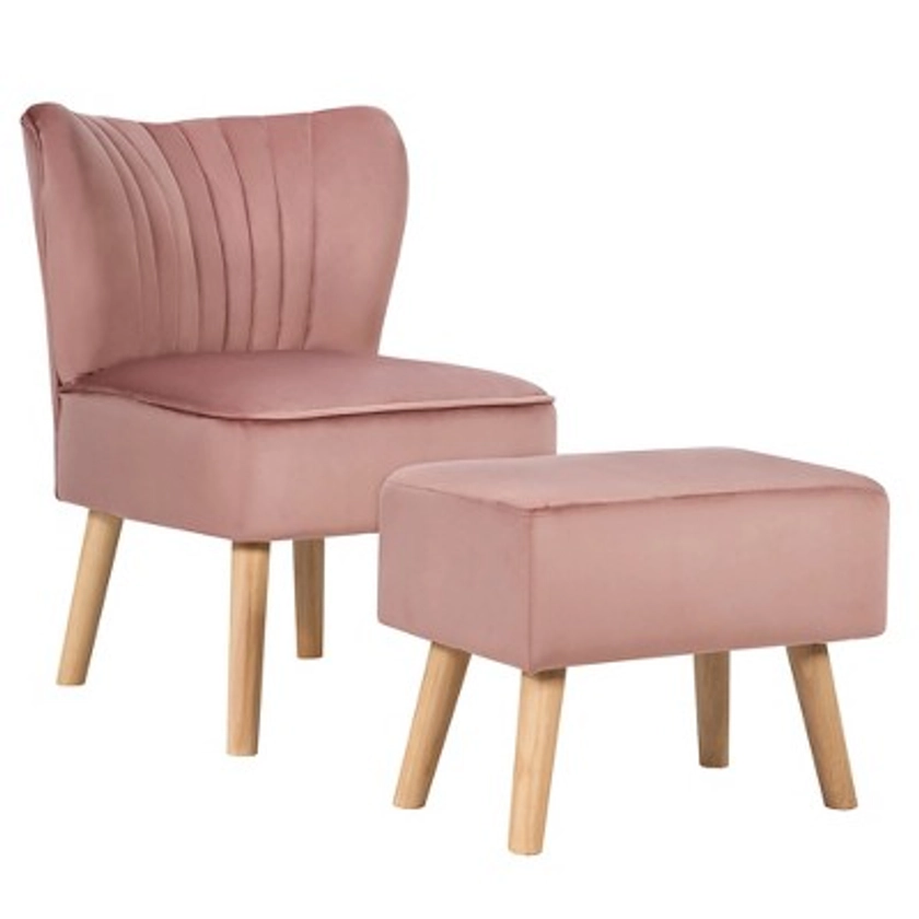Costway Leisure Chair and Ottoman Thick Padded Velvet Tufted Sofa Set w/ Wood Legs Pink