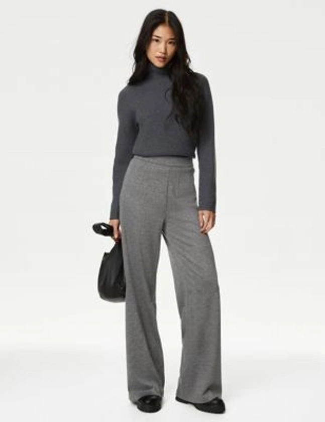 Jersey Checked Wide Leg Trousers | M&S Collection | M&S