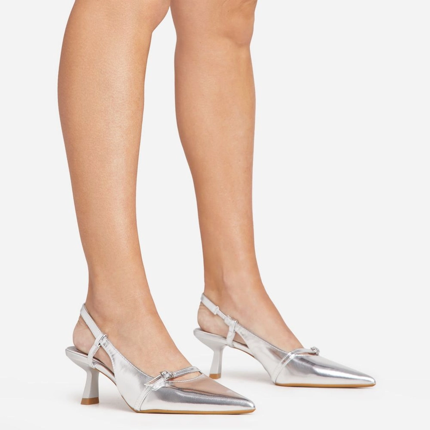 Queensland Buckle Detail Pointed Toe Slingback Kitten Court Heel In Silver Faux Leather