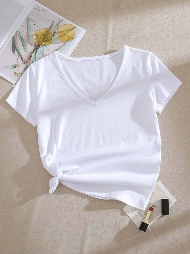 SHEIN EZwear Camiseta unicolor de cuello V