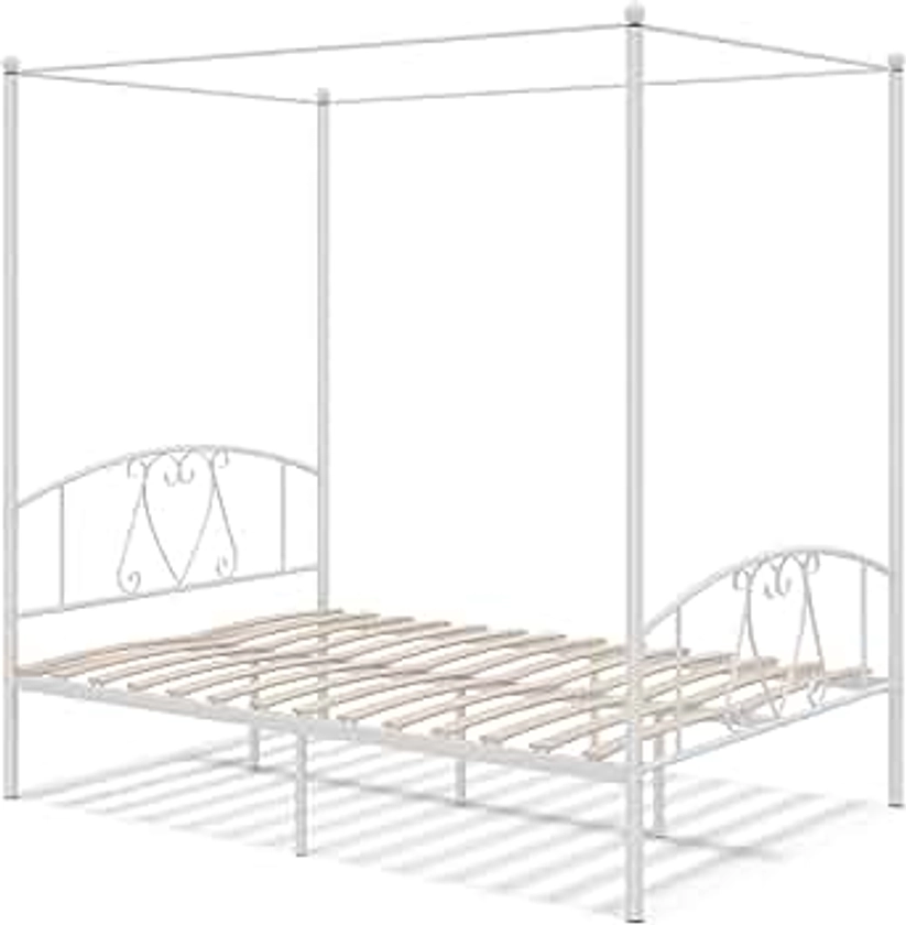 COSTWAY Double Canopy Bed Frame, Metal Platform Bed Base with Headboard, Footboard & 31cm Underbed Storage, Wooden Slat Support Mattress Foundation, No Box Spring Needed (White)