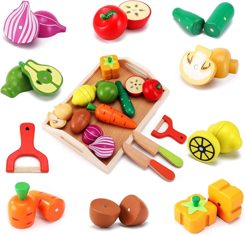 CARLORBO Jouet en Bois Montessori Cuisine en Bois Nourriture pour Enfants - Aliments Bois Fruit et Légumes Jouets, Jouets Enfants Cadeau