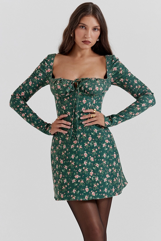Clothing : Mini Dresses : 'Malika' Green Floral Corset Mini Dress