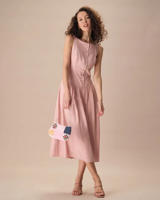 Women's Pink Boat Neck Sleeveless Lyocell Midi Dress & Reviews - Pink - Dresses | RIHOAS