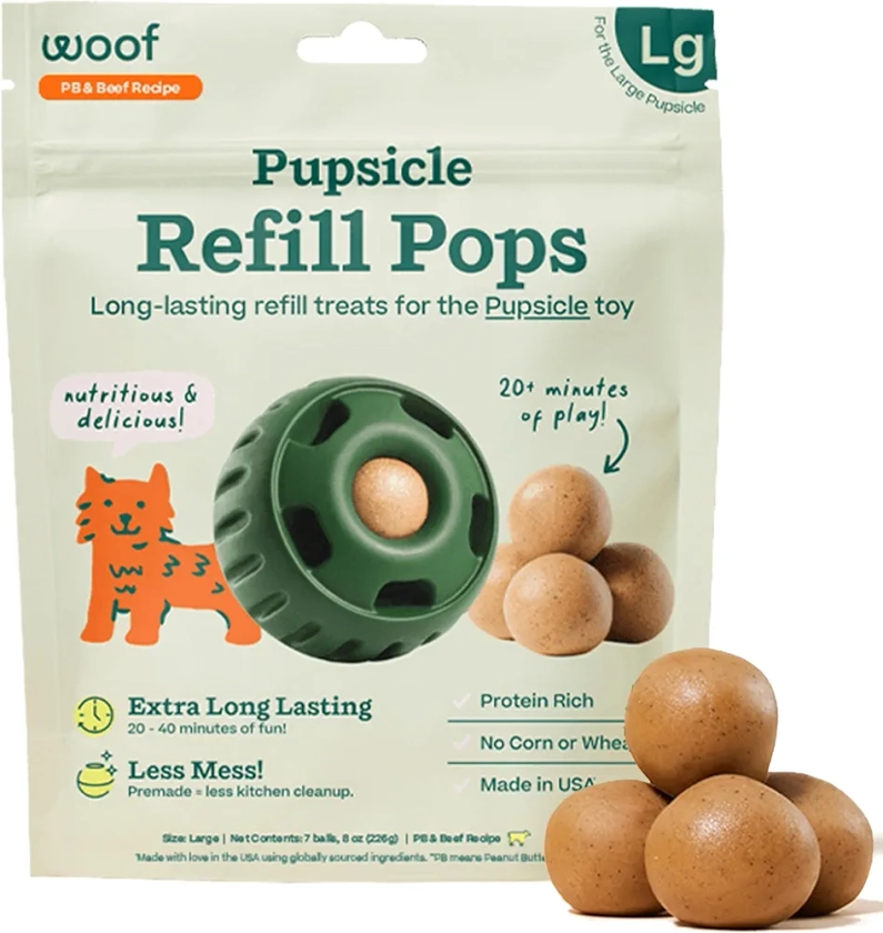 WOOF Pupsicle Refill Pops - Low-Mess Dog Snacks - with Peanut Butter and Beef - Dog Treats - Long Lasting - Large Pops - 7 Count