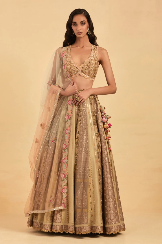 Buy Multi Color Silk Hand Vintage Pattern Panelled Bridal Lehenga Set For Women by AUM by Asit and Ashima Online at Aza Fashions.