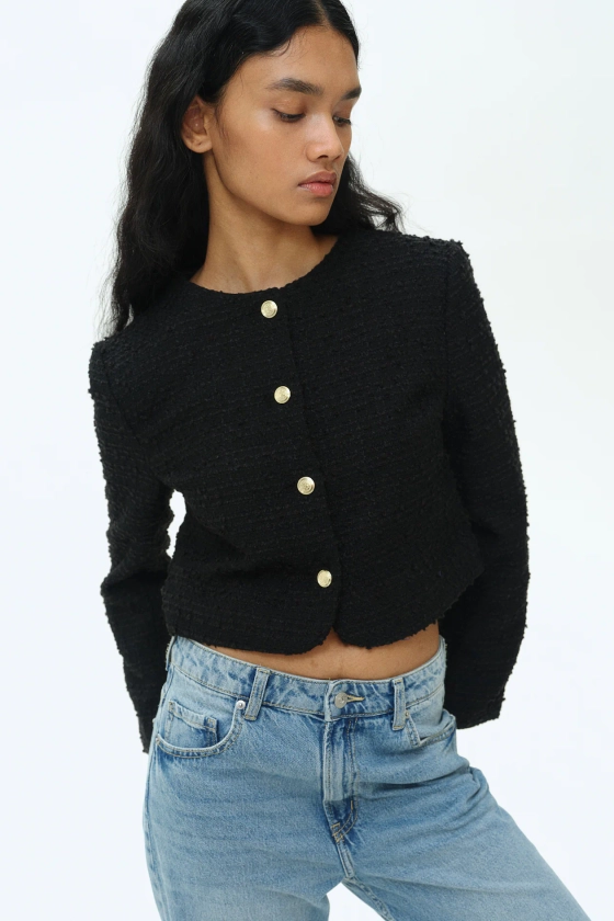 Short bouclé jacket - Round neck - Long sleeve - Black - Ladies | H&M GB