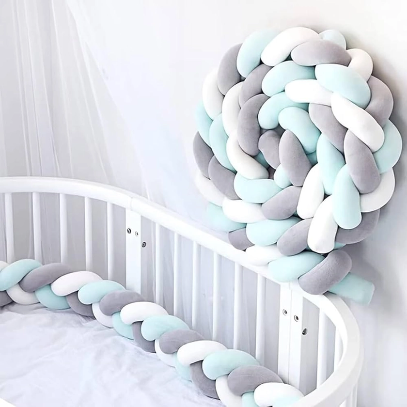 RZYW 3 Brins Tour de Lit Tresse, Tresse de Lit Bebe, Tour de Lit Bébé Tresse, Anti Collision Lit Pare- Chocs, Tresses Torsadées Berceau, pour La Décoration de La Chambre,White+Green+Gray,4m