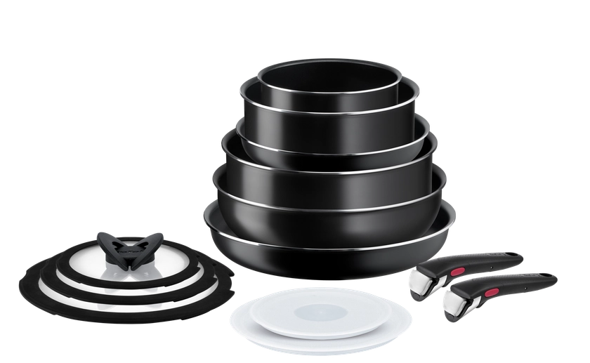 Ingenio Easy Cook N Clean L1549023 Set de 13 pièces : 2 poêles 22/28 cm + 2 poêlons 16/20 cm + wok 26 cm + sauteuse 24 cm + 5 couvercles + 2 poignées amovibles | Batteries de cuisine à manches amovibles | Tefal