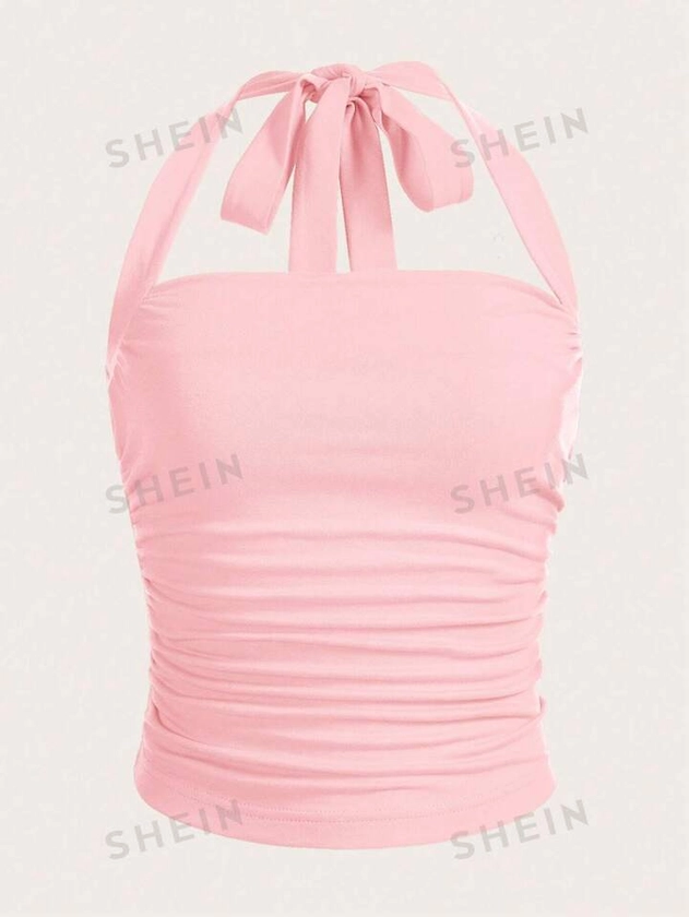 SHEIN EZwear Light Pink Pleated Slim Fit Halter Top