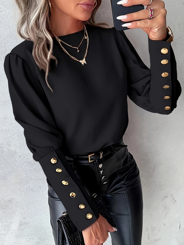Solid Tied Back Crew Neck Blouse, Elegant Button Long Sleeve Blouse For Spring &amp; Fall, Women&#39;s Clothing