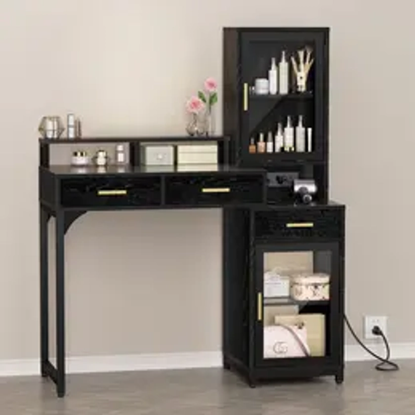 41" W Makeup Vanity Desk, Large Vanity Desk with Charging Station, Makeup Table with 2 Cabinets and 3 Drawers, 16" D x 41" W x 50" H, Black