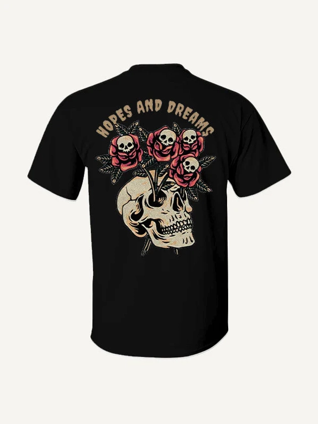 Floral&Skull&Letter Print Round Neck T-Shirt