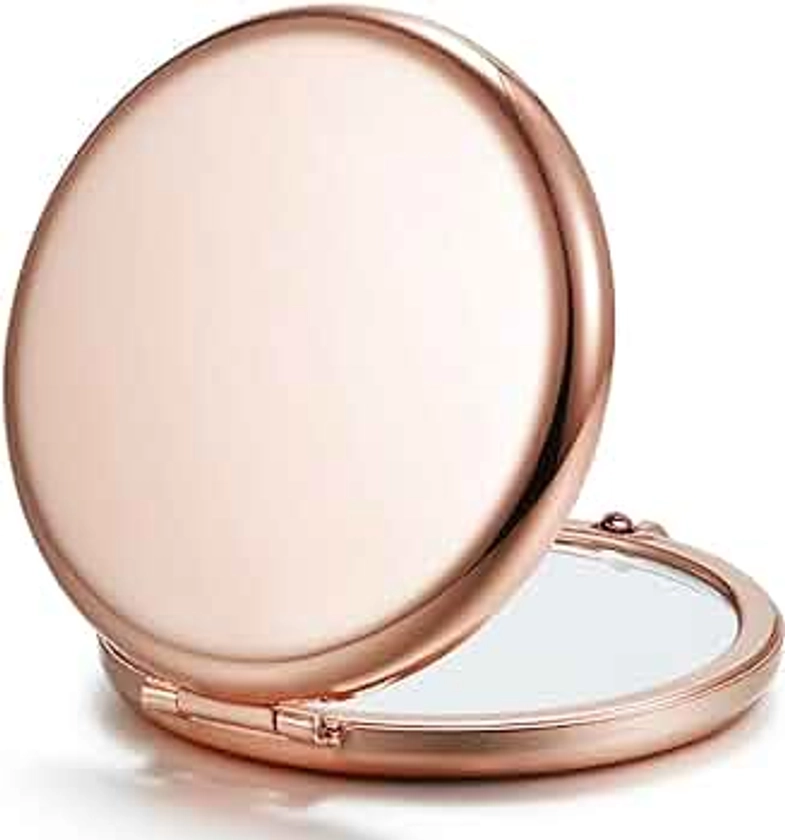 Compact Mirror for Purse, Double-Sided 1X/2X Magnifying Metal Pocket Makeup Mirrors(Round, Rose Gold)