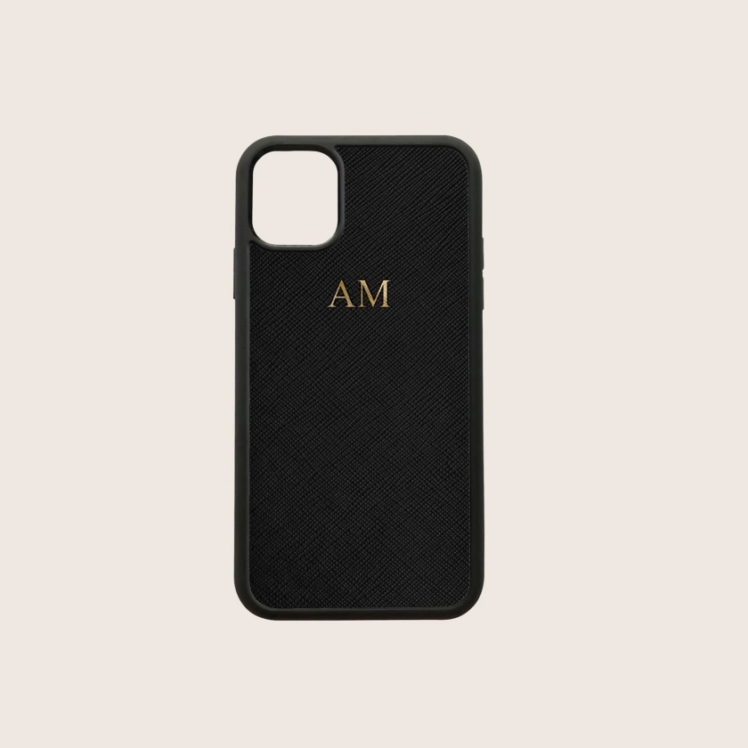 Personalised Saffiano Leather Black Phone Case