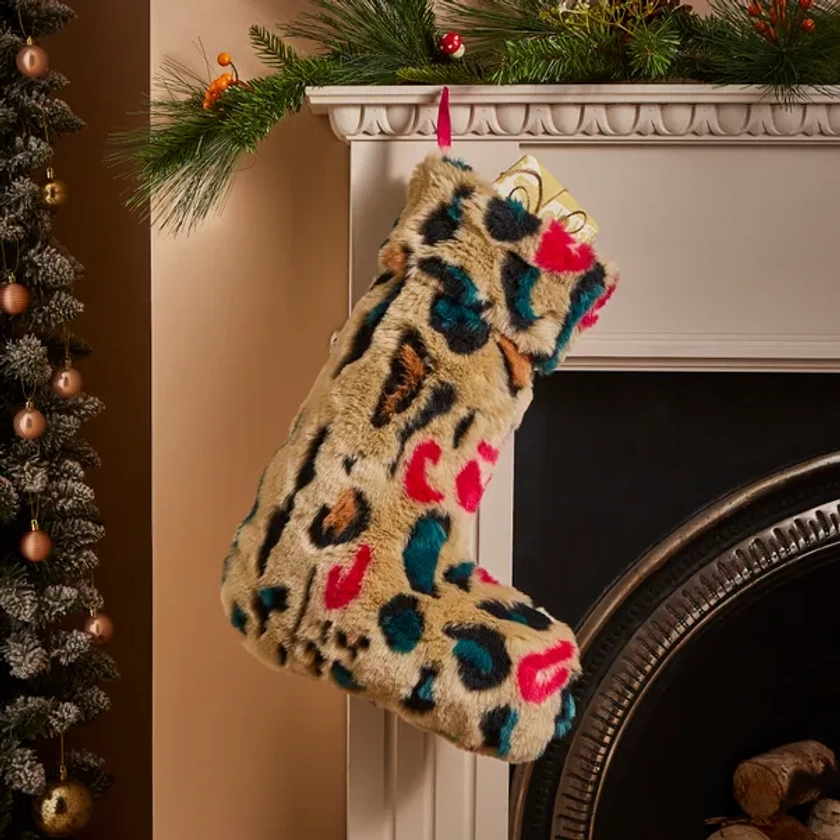 Faux Fur Leopard Brights Christmas Stocking