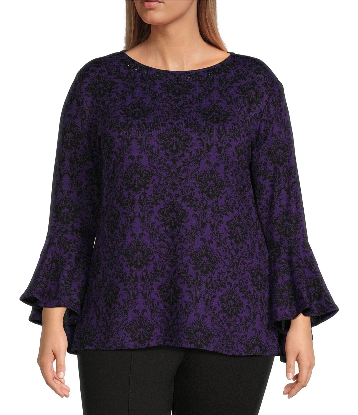 Slim Factor by Investments Plus Size Baroque Tile Print Crew Neck 3/4 Flare Sleeve Top | Dillard's