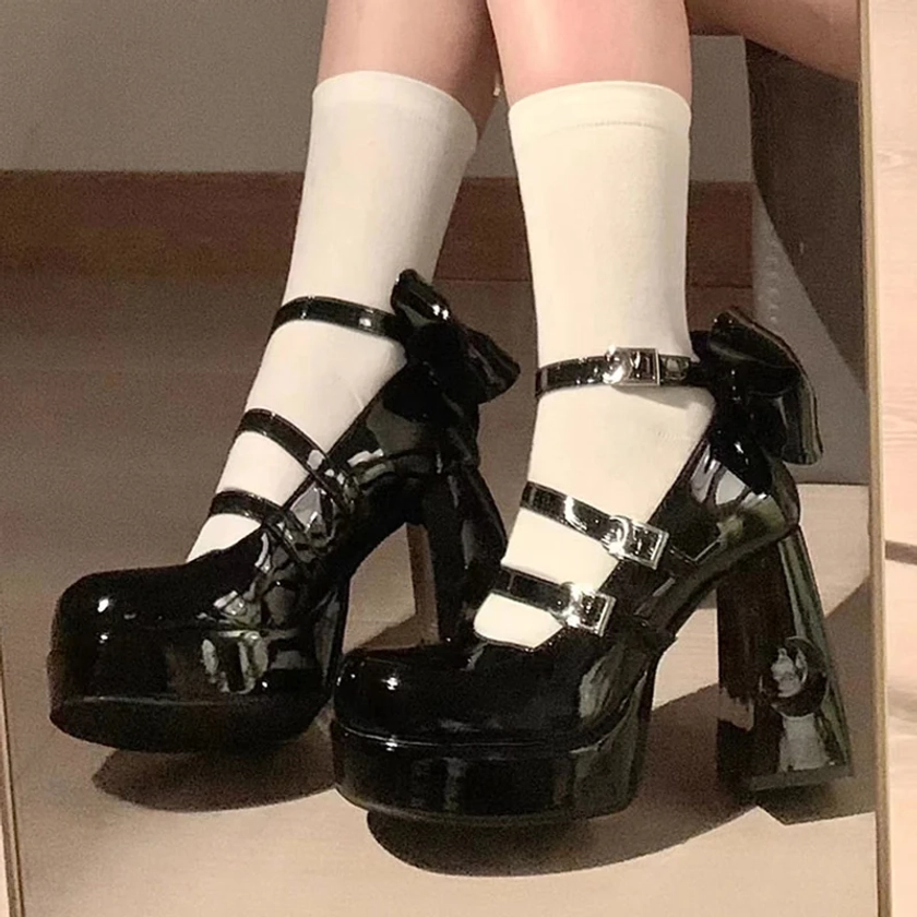 Zapatos de tacón alto con plataforma para mujer, calzado de charol grueso con diseño personalizado Punk, Mary Jane, Lolita, Y2k - AliExpress