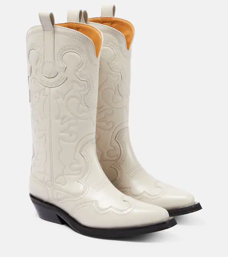 Embroidered leather cowboy boots in white - Ganni | Mytheresa