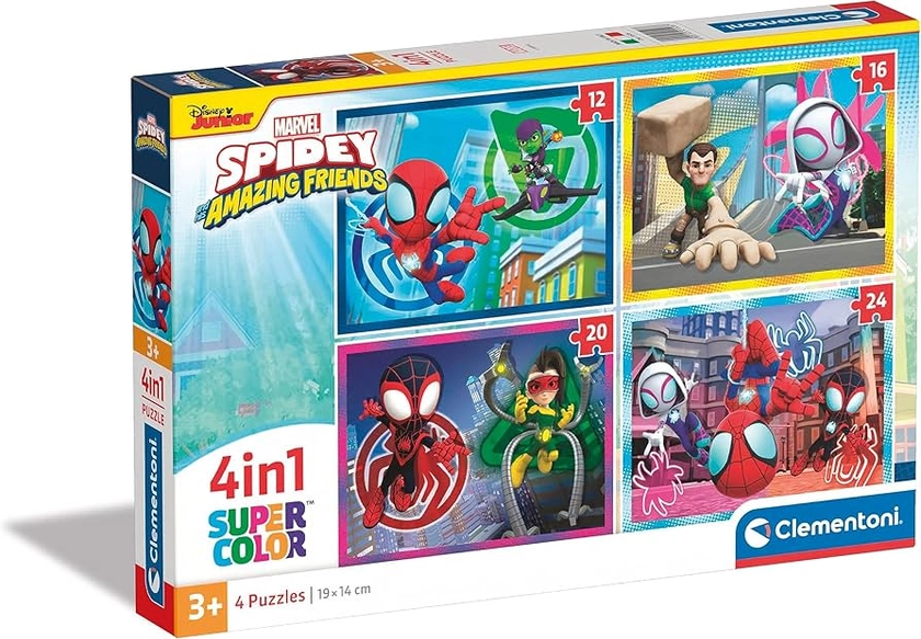 Clementoni 21528 Marvel Spidey And His Amazing Friends Supercolor 4 in 1 Friends-12+16+20+24 Pieces, Jigsaw Kids Age 3, Puzzle Cartoon, Made in Italy, Red, Blue