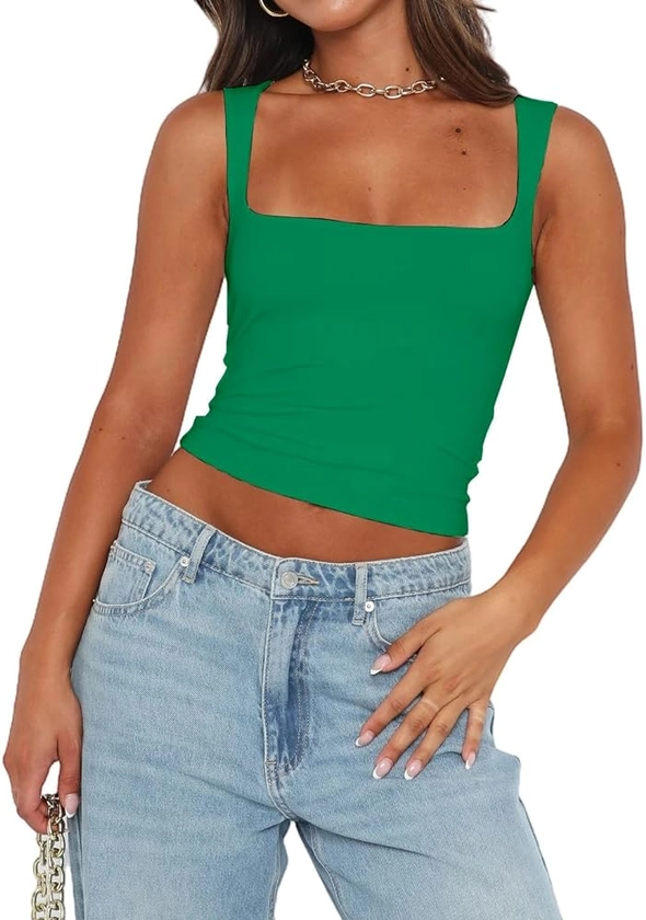 Abardsion Womens Sexy Crop Top Summer 2024 Square Neck Sleeveless Double Layer Going Out Tank Tops (Green, S) at Amazon Women’s Clothing store
