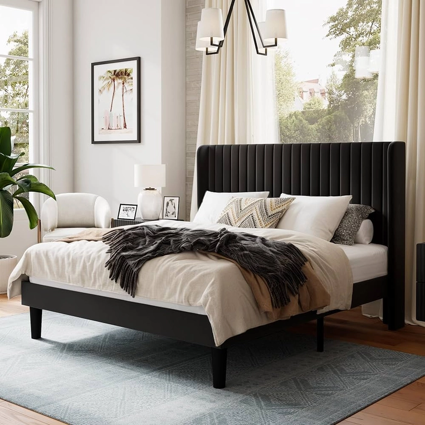 SHA CERLIN Full Size Velvet Bed Frame with Vertical Channel Tufted Wingback Headboard, Upholstered Platform Bed with Wood Slats, No Box Spring Needed, Easy Assembly, Black : Amazon.com.au: Home